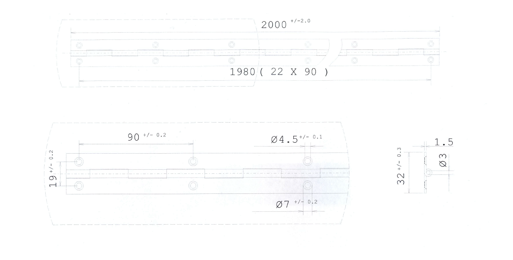 Pianohængsel med huller, stål, L=2000, B=32, T=1,5