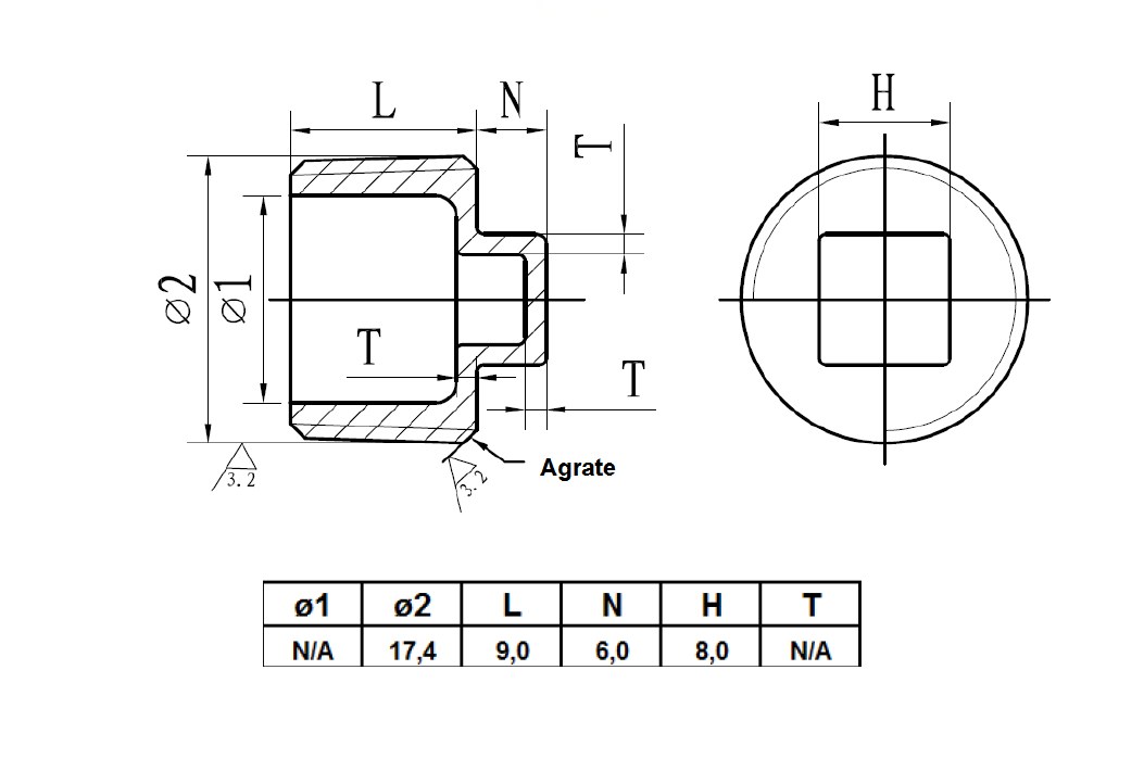 Gevindprop, konisk, syrefast stål, diameter=17,4, 3/8 tommer gevind