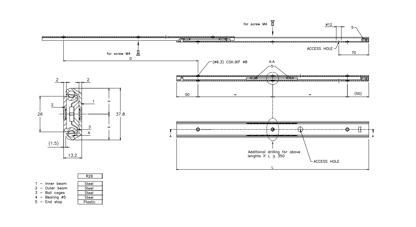 Udtræksskinne, stål, udtrækslængde =520 mm og bæreevne på 70 kg