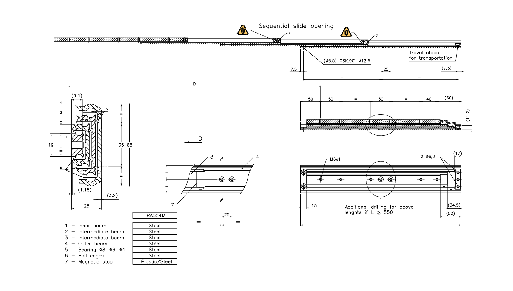 Udtræksskinne, stål, udtrækslængde =840 mm og bæreevne på 114 kg