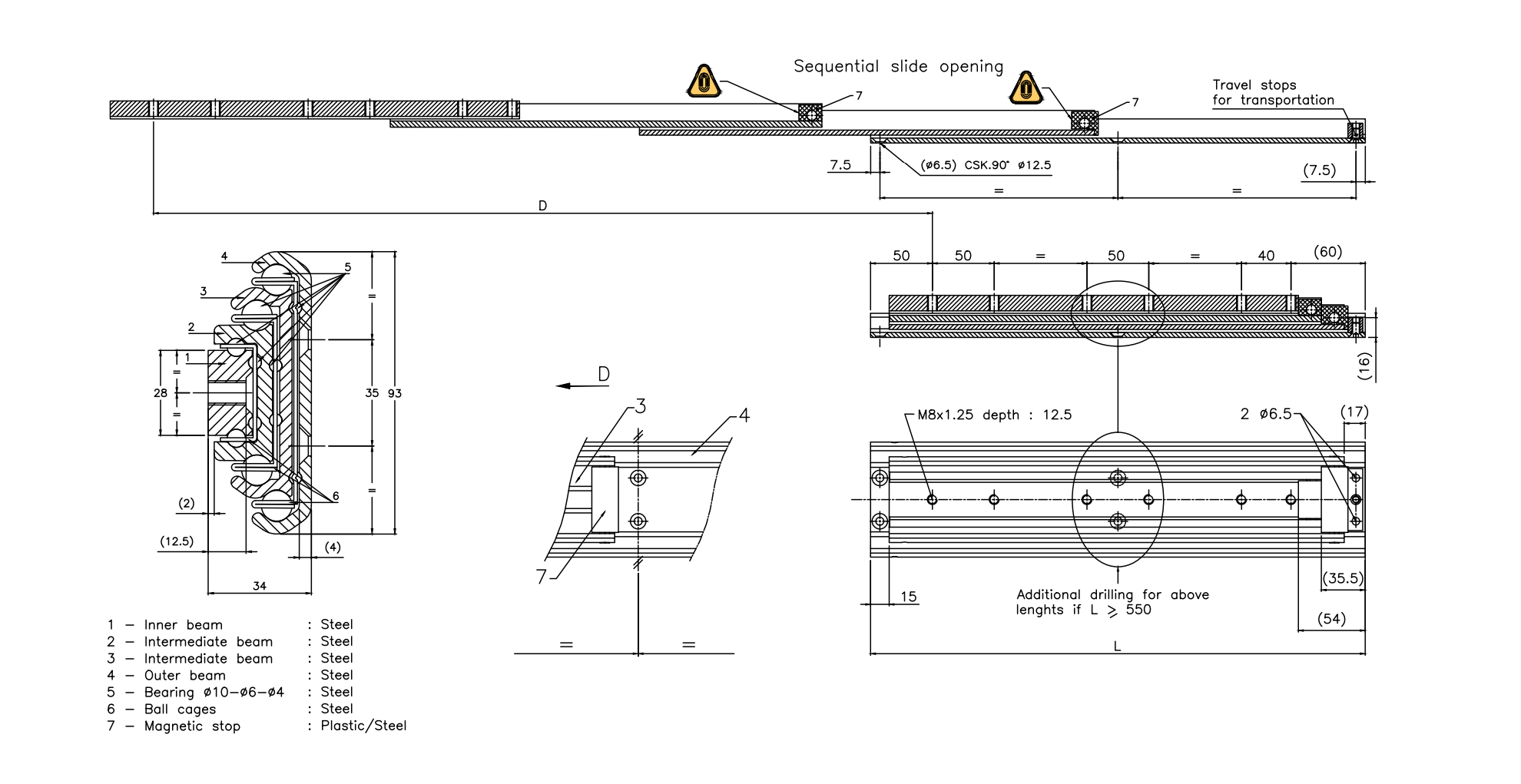 Udtræksskinne, stål, udtrækslængde =770 mm og bæreevne på 228 kg