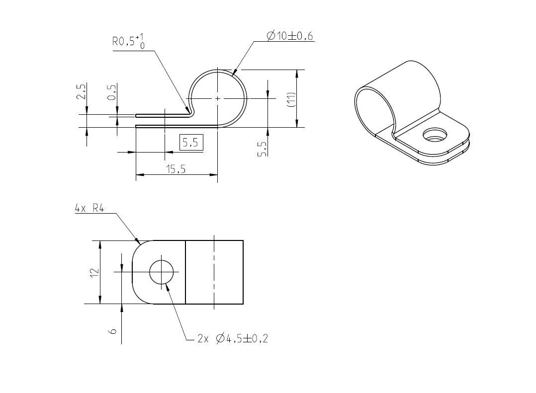 Rørbøjle uden gummiindlæg, rustfrit stål, D=10mm, B=12mm, hul D=4,5mm, E=10