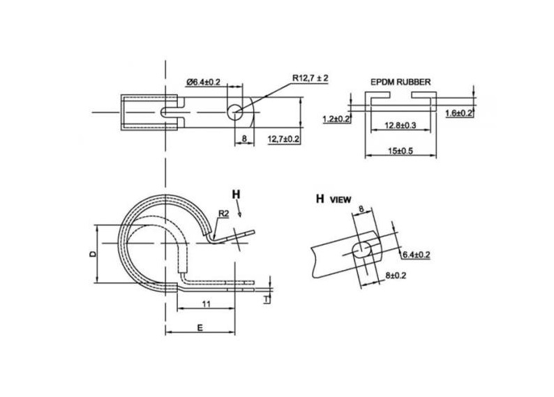 Rørbøjle med gummiindlæg, stål, varmforzinket, D=28,6mm, B=12,7mm, hul D=6,4mm, E=27,9