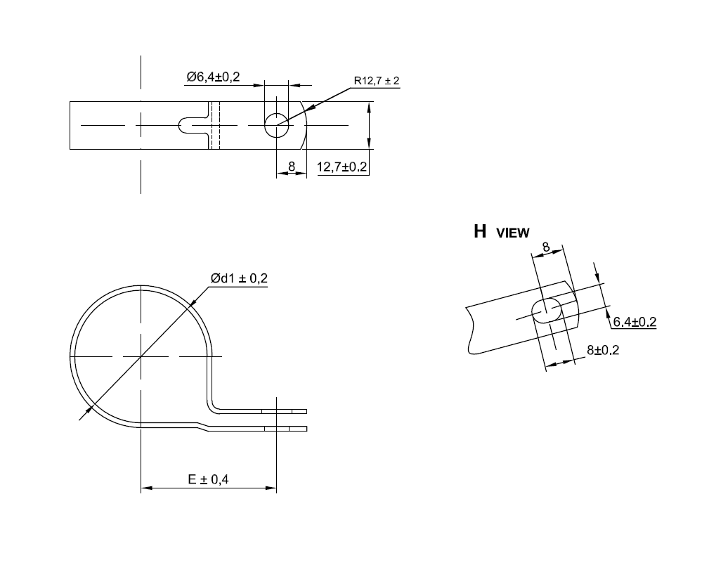 Rørbøjle uden gummiindlæg, stål, varmforzinket, D=6,4mm, B=12,7mm, hul D=6,4mm, E=14,9