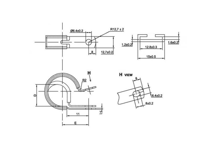 Rørbøjle med gummiindlæg, stål, elforzinket, D=7,9mm, B=12,7mm, hul D=6,4mm, E=17