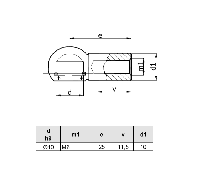 Endestykke, kuglehoved fitting, stål, M6, længde = 25 mm