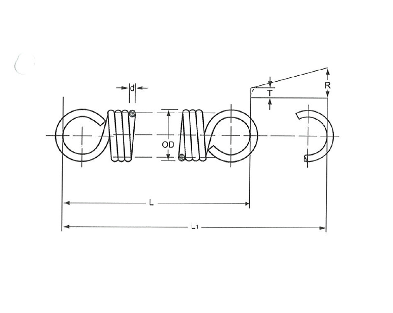 Trækfjeder, rustfrit stål, d=2,92mm, Dm=28,83mm, Lo=165,1mm