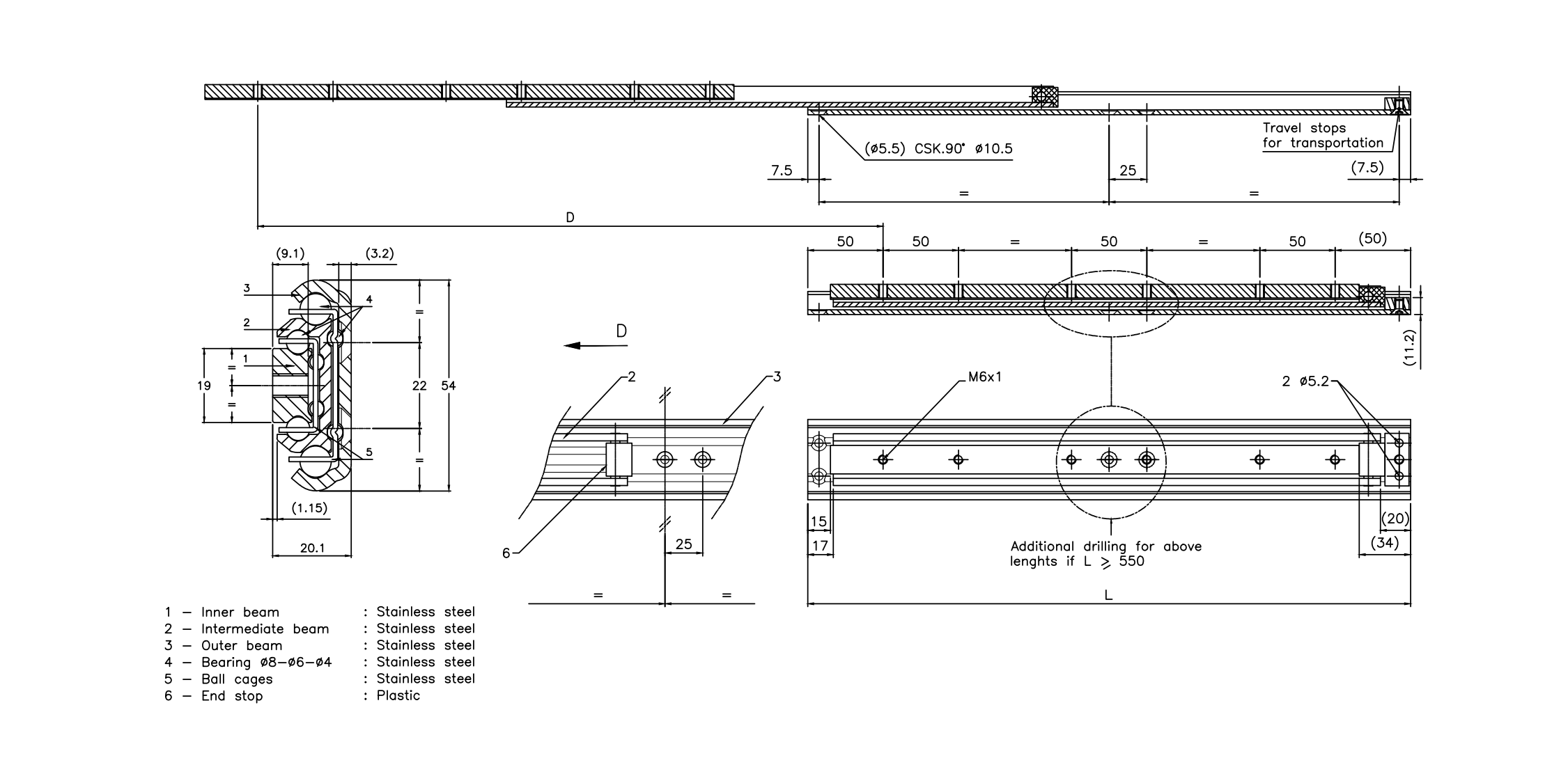 Udtræksskinne, rustfrit stål, udtrækslængde =515 mm og bæreevne på 174 kg