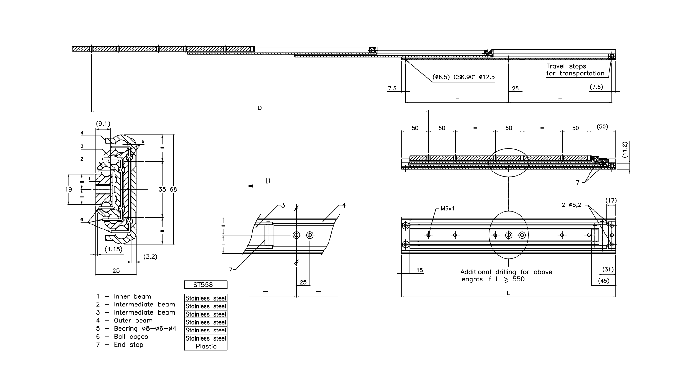 Udtræksskinne, rustfrit stål, udtrækslængde =770 mm og bæreevne på 116 kg