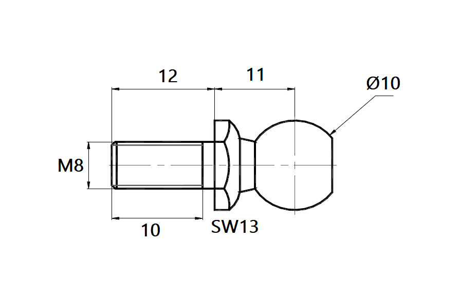 Endestykke, kuglehoved bolt, stål, M8