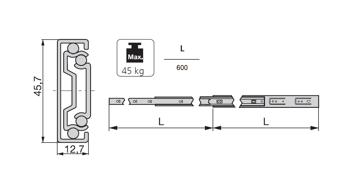 Udtræksskinne, stål, udtrækslængde =600 mm og bæreevne på 45 kg
