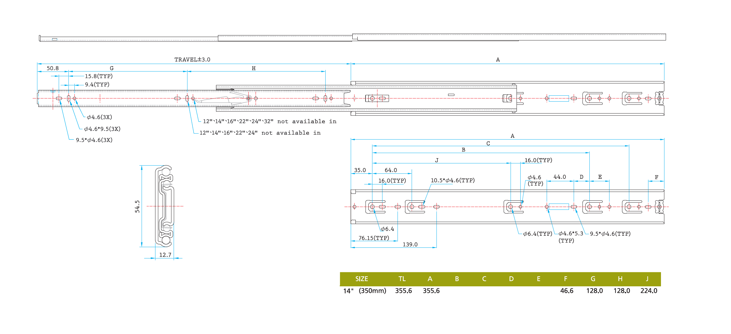Udtræksskinne, stål, udtrækslængde =355,6 mm og bæreevne på 68 kg