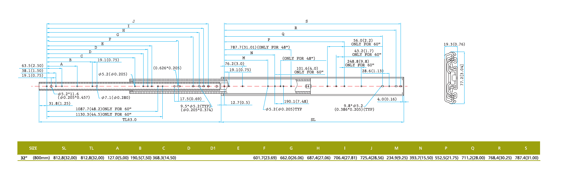 Udtræksskinne, stål, udtrækslængde =812,8 mm og bæreevne på 180 kg