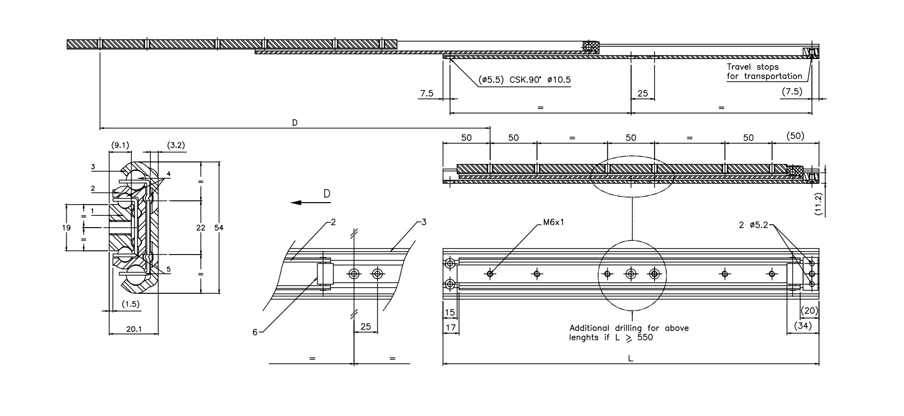 Udtræksskinne, aluminium, udtrækslængde =875 mm og bæreevne på 60 kg