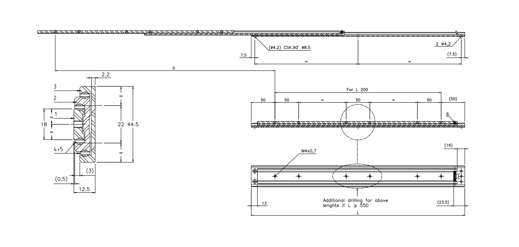 Udtræksskinne, aluminium, udtrækslængde =463 mm og bæreevne på 39 kg