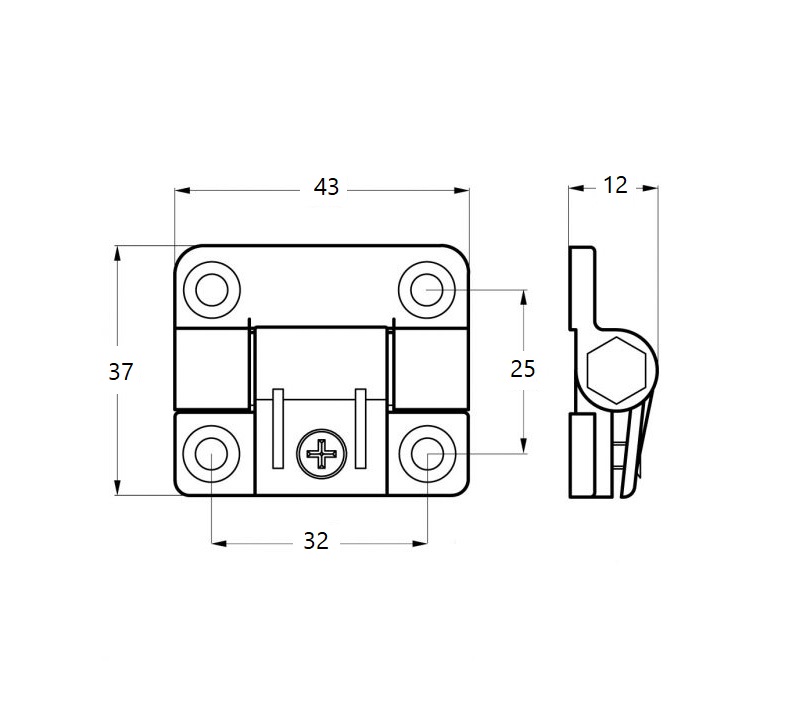 Friktionshængsel, pom plast, justerbar, L=43, B=37, H=12
