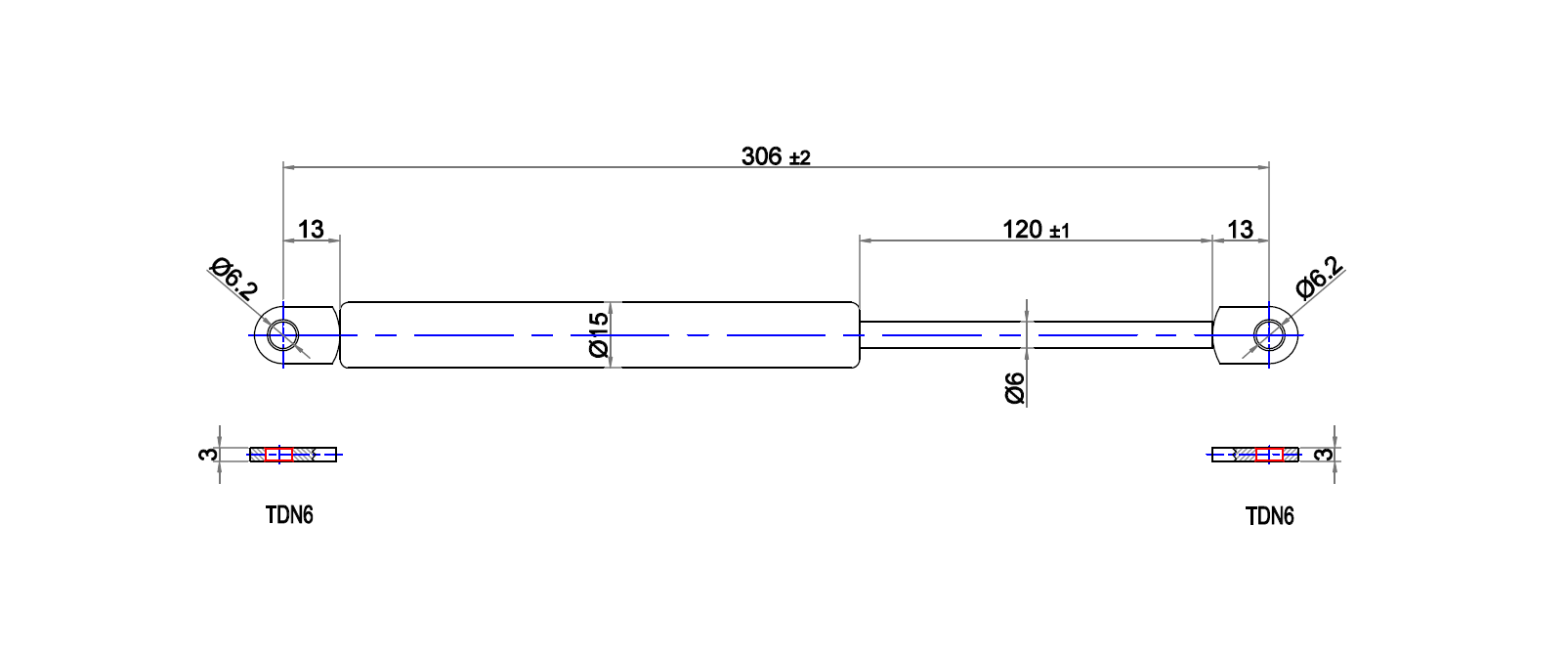 Gasfjeder, stål, Svejst gevind, slaglængde = 120 mm, Kraft = 300 N