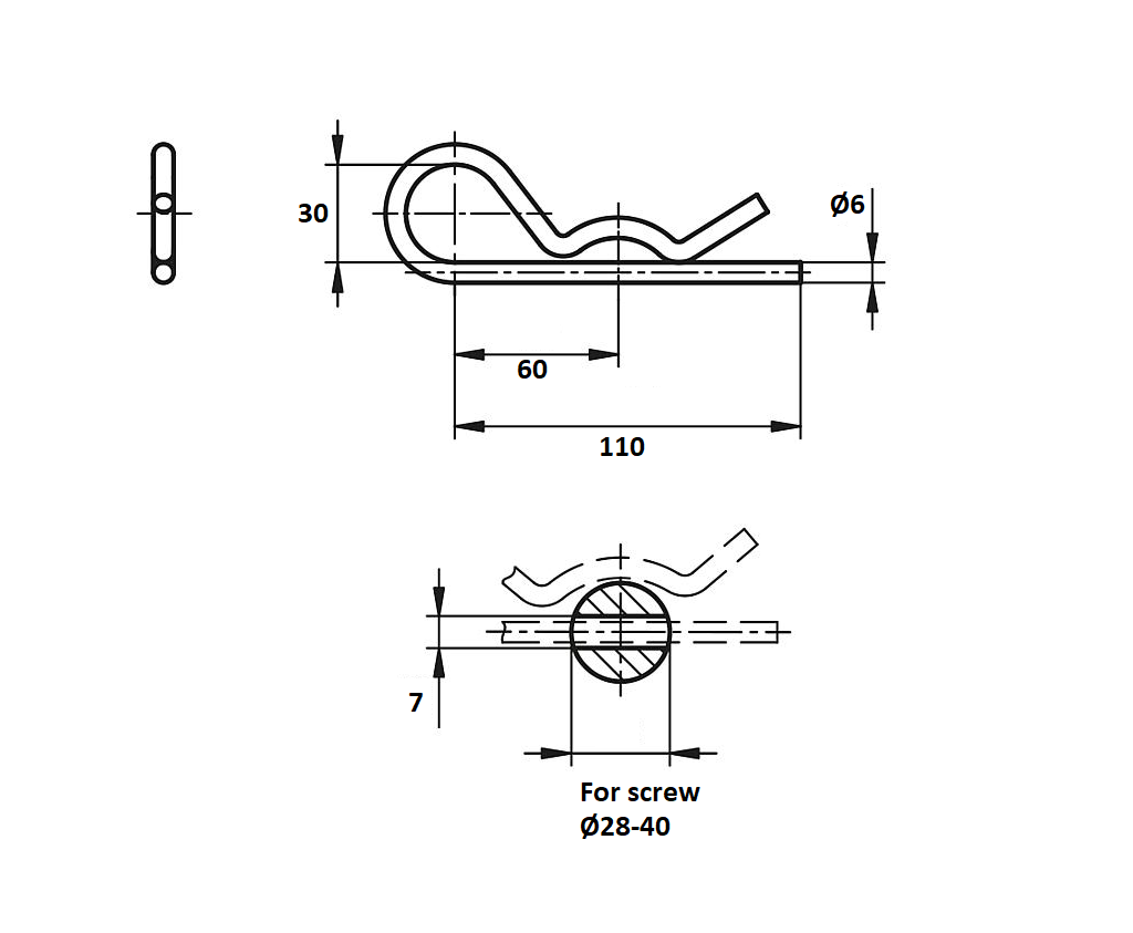 Åben fjedersplit, rustfrit stål, L=131mm, H=42mm, tråddiameter=6mm