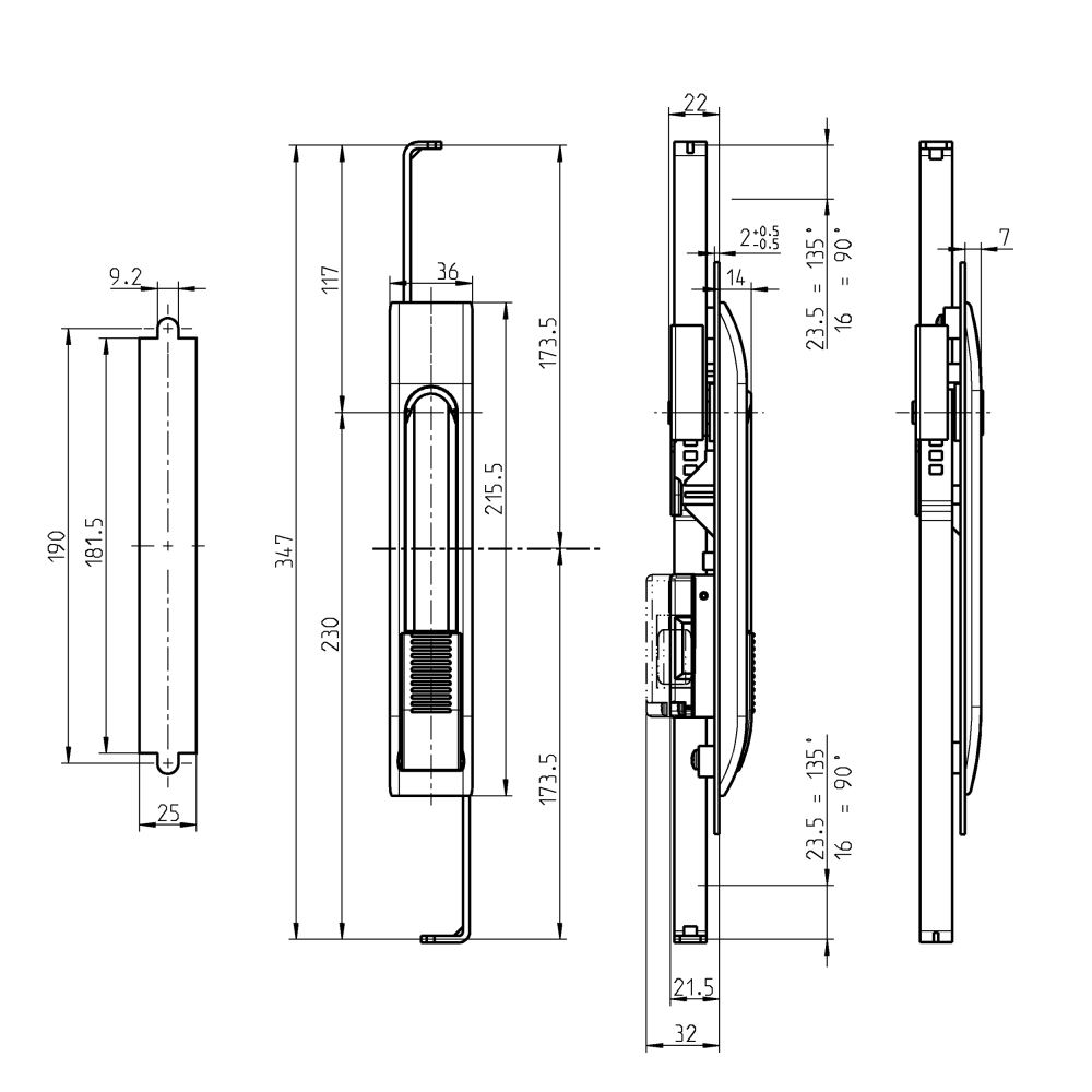 Nøgleskilt til svinggreb, glasfiberforstærket polyamid, indsats, L=215,5, B=36, H=7, Pladetykkelse=1,5-2,5
