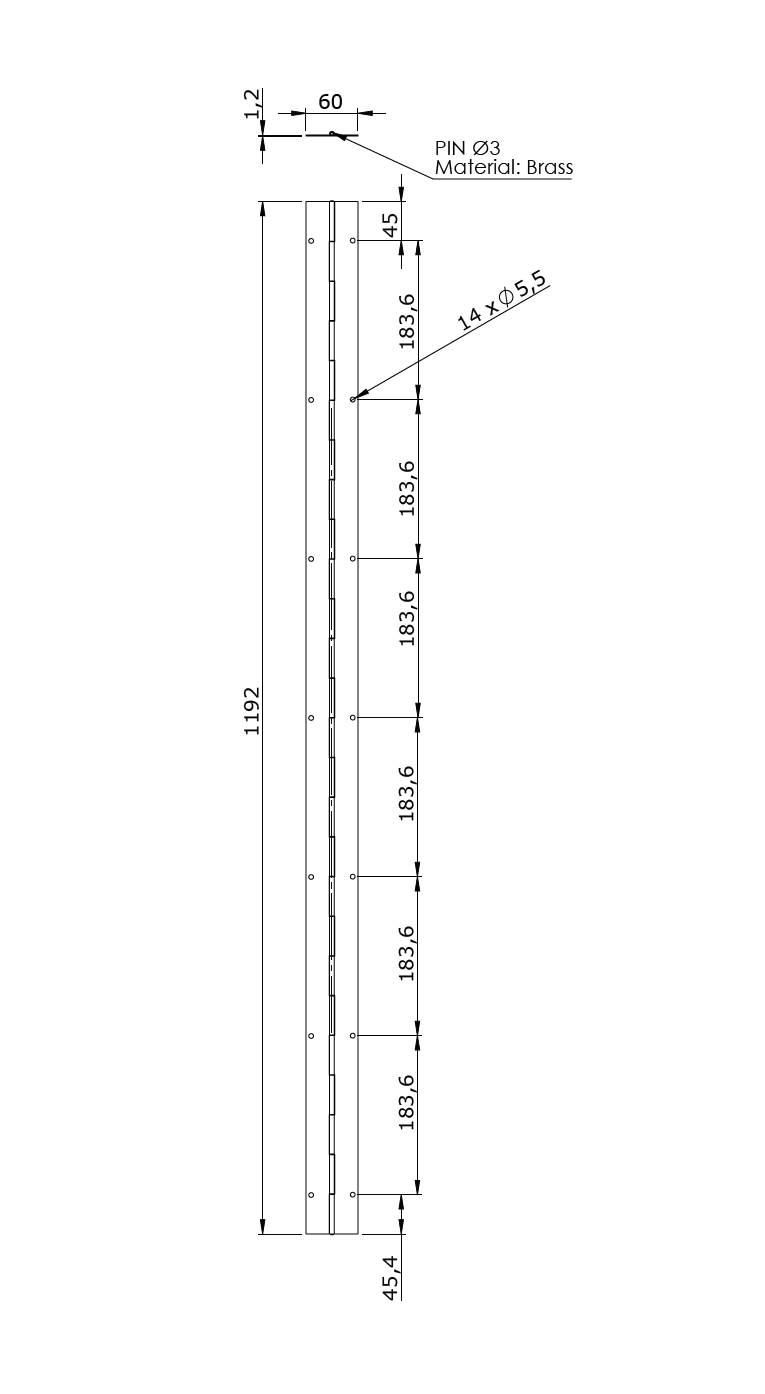 Pianohængsel med huller, stål, L=1192, B=60, T=1,2