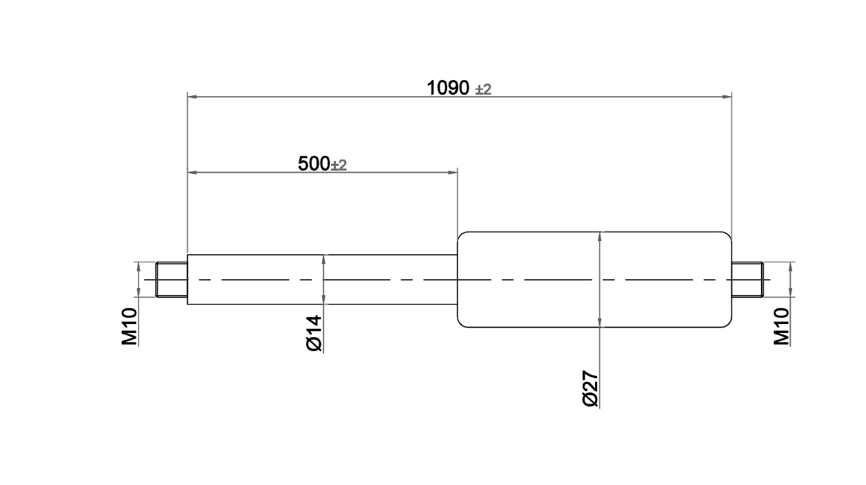Gasfjeder, stål, M10 gevind, slaglængde = 500 mm, Kraft = 550 N