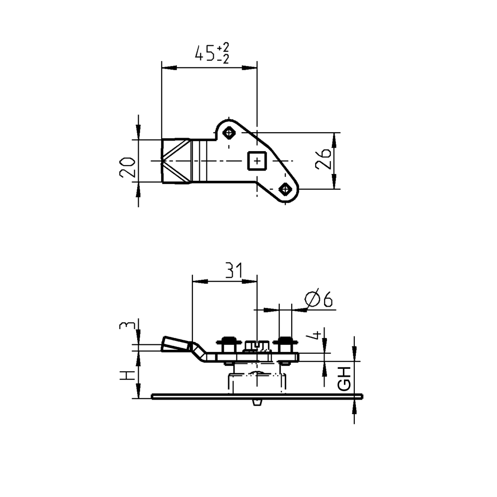 Tunge, stangtræk, stål, L=45, B=20, offset højde=17 mm