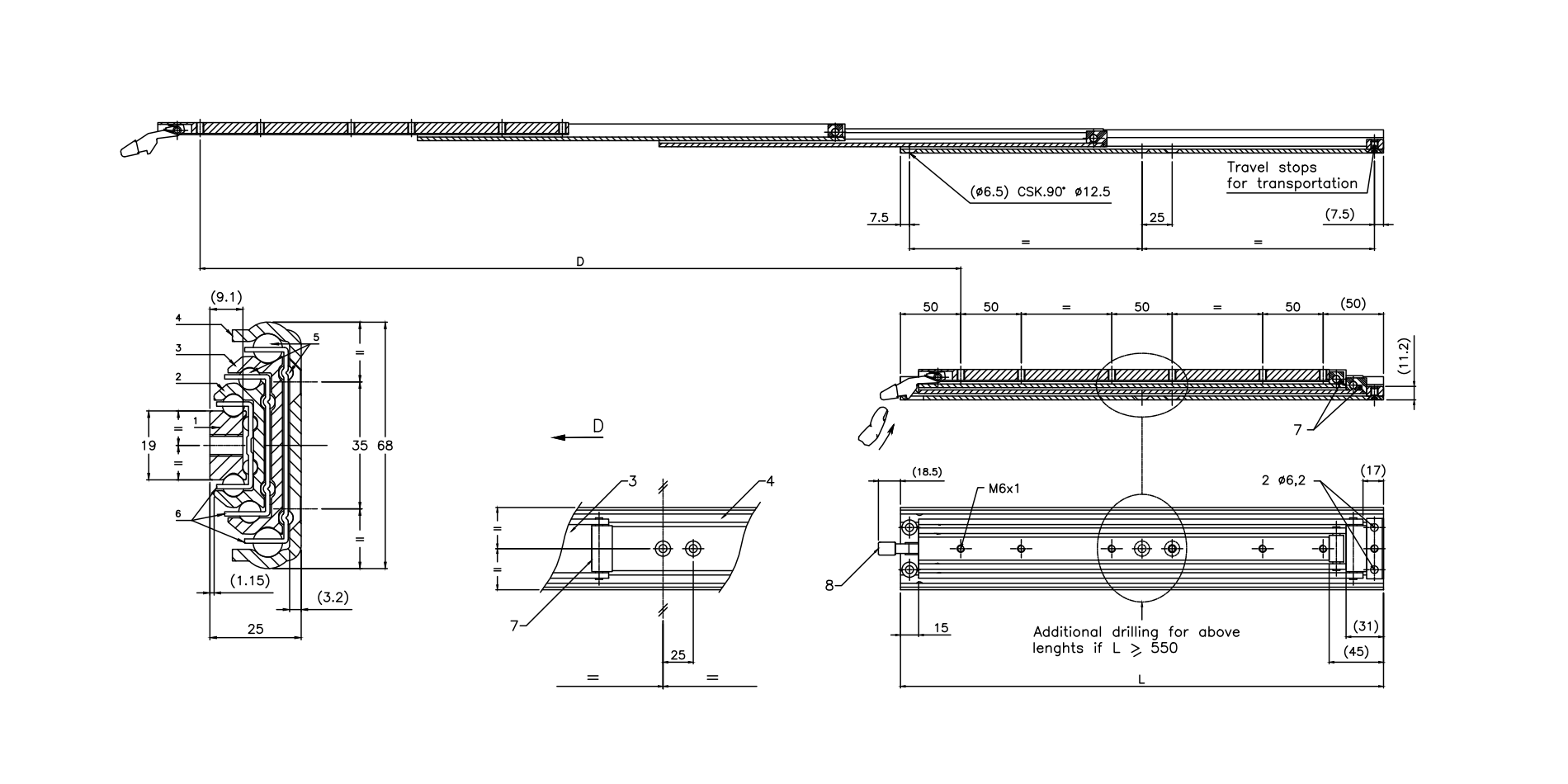Udtræksskinne, rustfrit stål, udtrækslængde =1000 mm og bæreevne på 105 kg