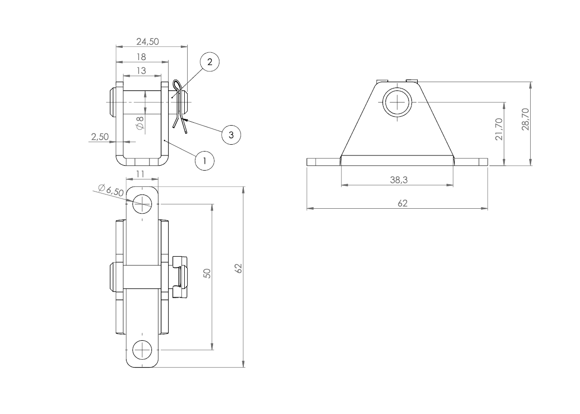 Beslag, stål, u-form akse, aksediameter = 8 mm