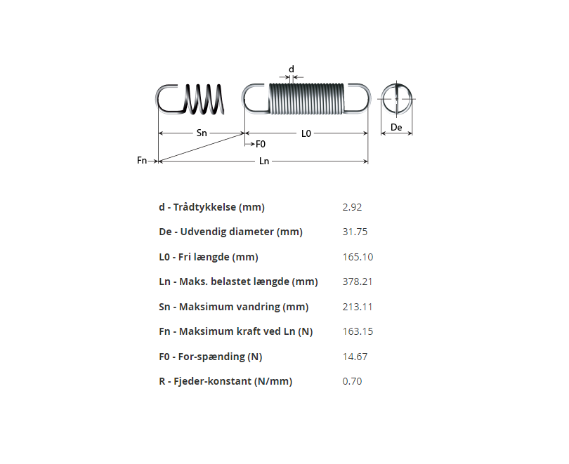 Trækfjeder, rustfrit stål, d=2,92mm, Dm=28,83mm, Lo=378,21mm