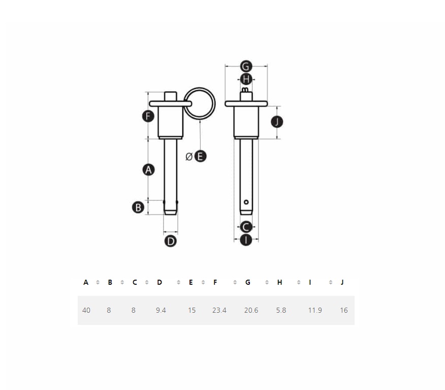 Kuglepallås med løftering, rustfrit stål, dorndiameter = 8mm, højde = 40mm