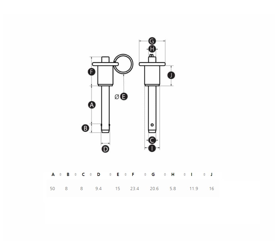 Kuglepallås med løftering, rustfrit stål, dorndiameter = 8mm, højde = 50mm