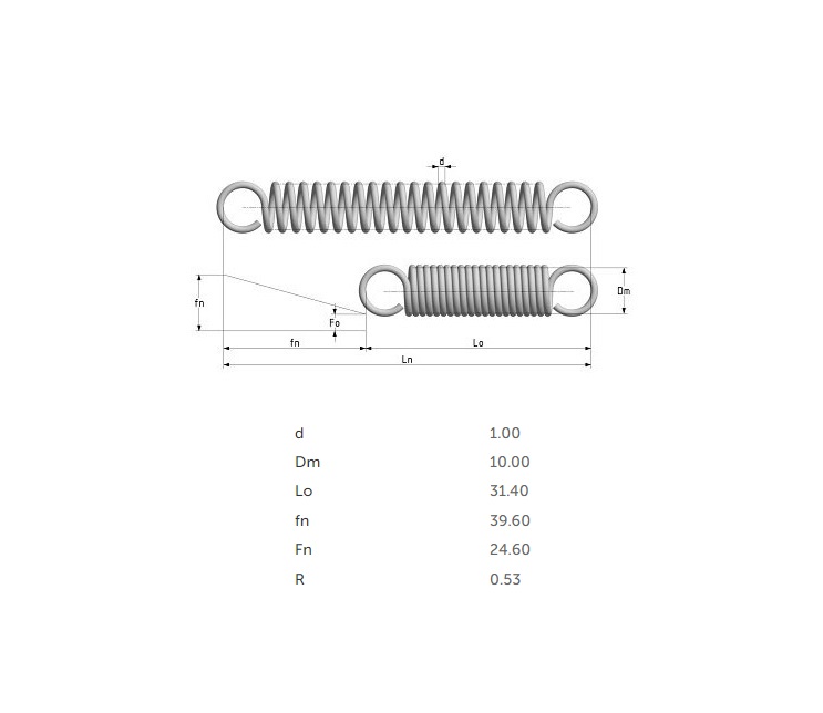 Trækfjeder, rustfrit stål, d=1mm, Dm=10mm, Lo=31,4mm