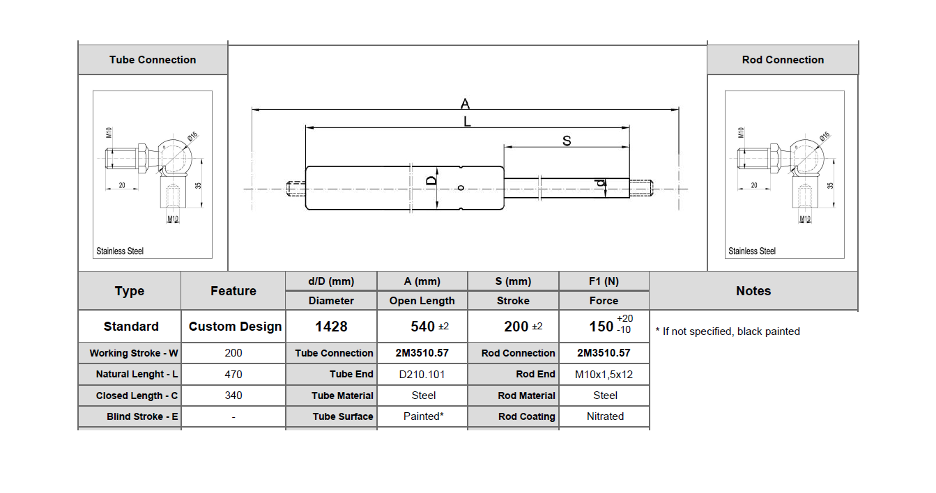 Gasfjeder, stål og rustfrit stål, M10 gevind, slaglængde = 200 mm, Kraft = 150 N