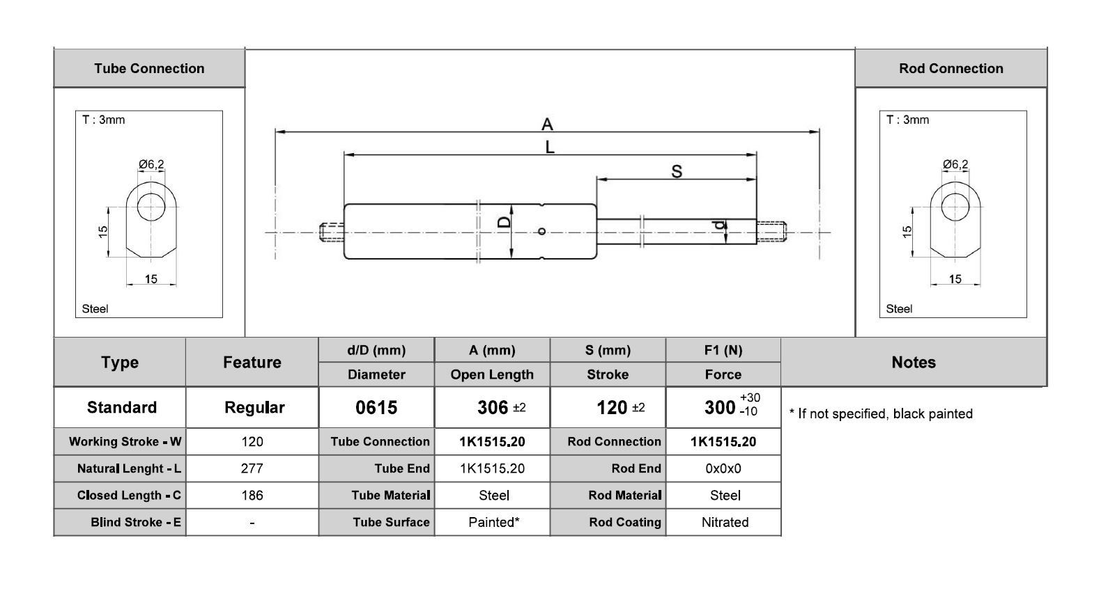 Gasfjeder, stål, svejst gevind, slaglængde = 120 mm, Kraft = 300 N