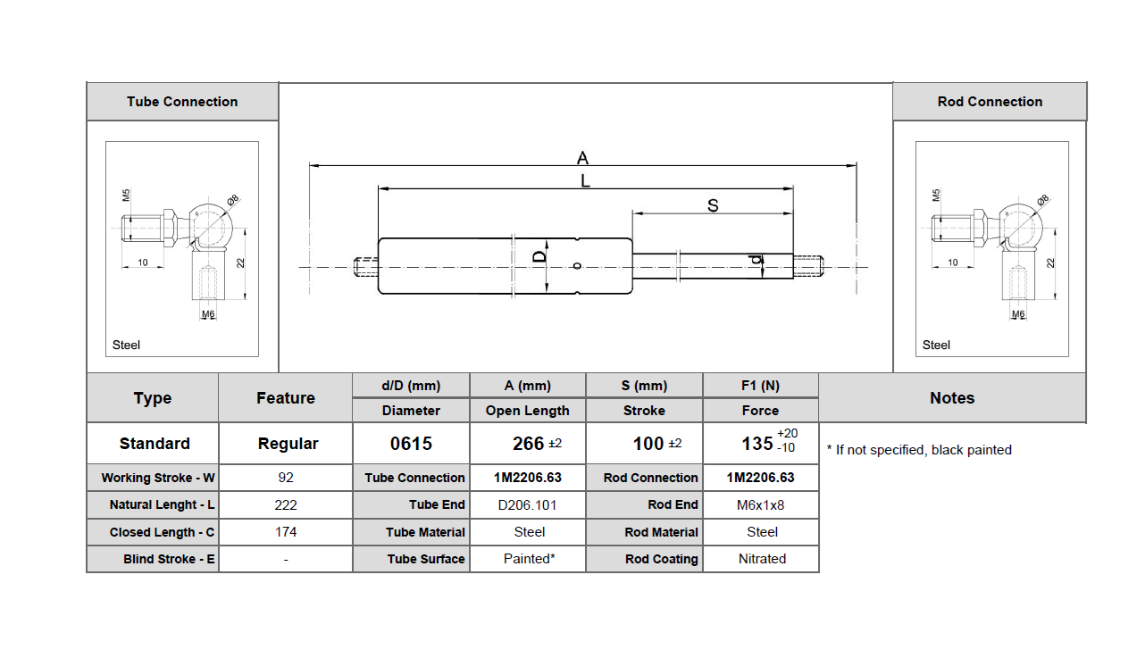 Gasfjeder, stål, M6 gevind, slaglængde = 92 mm, Kraft = 135 N