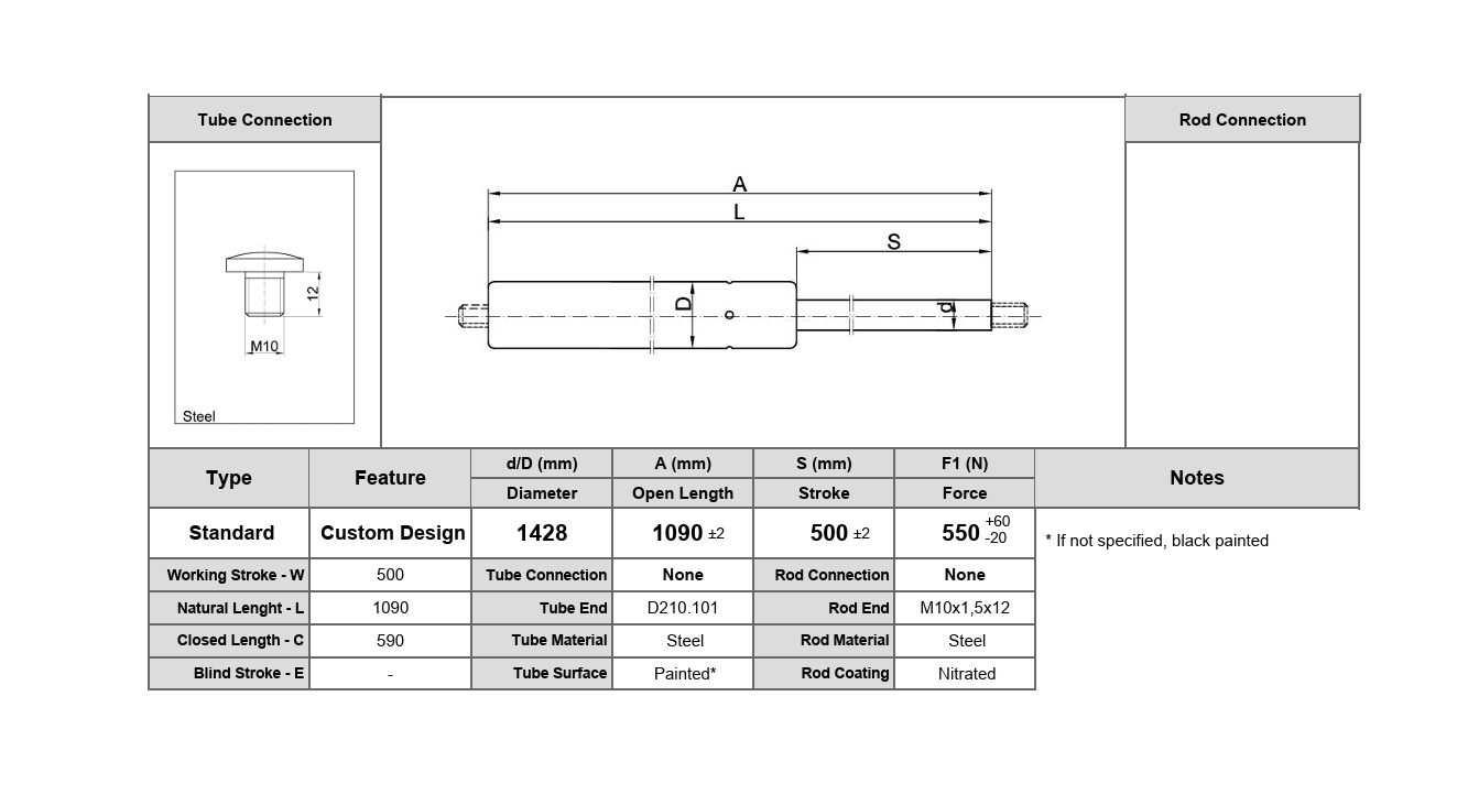 Gasfjeder, stål, M10 gevind, slaglængde = 500 mm, Kraft = 550 N