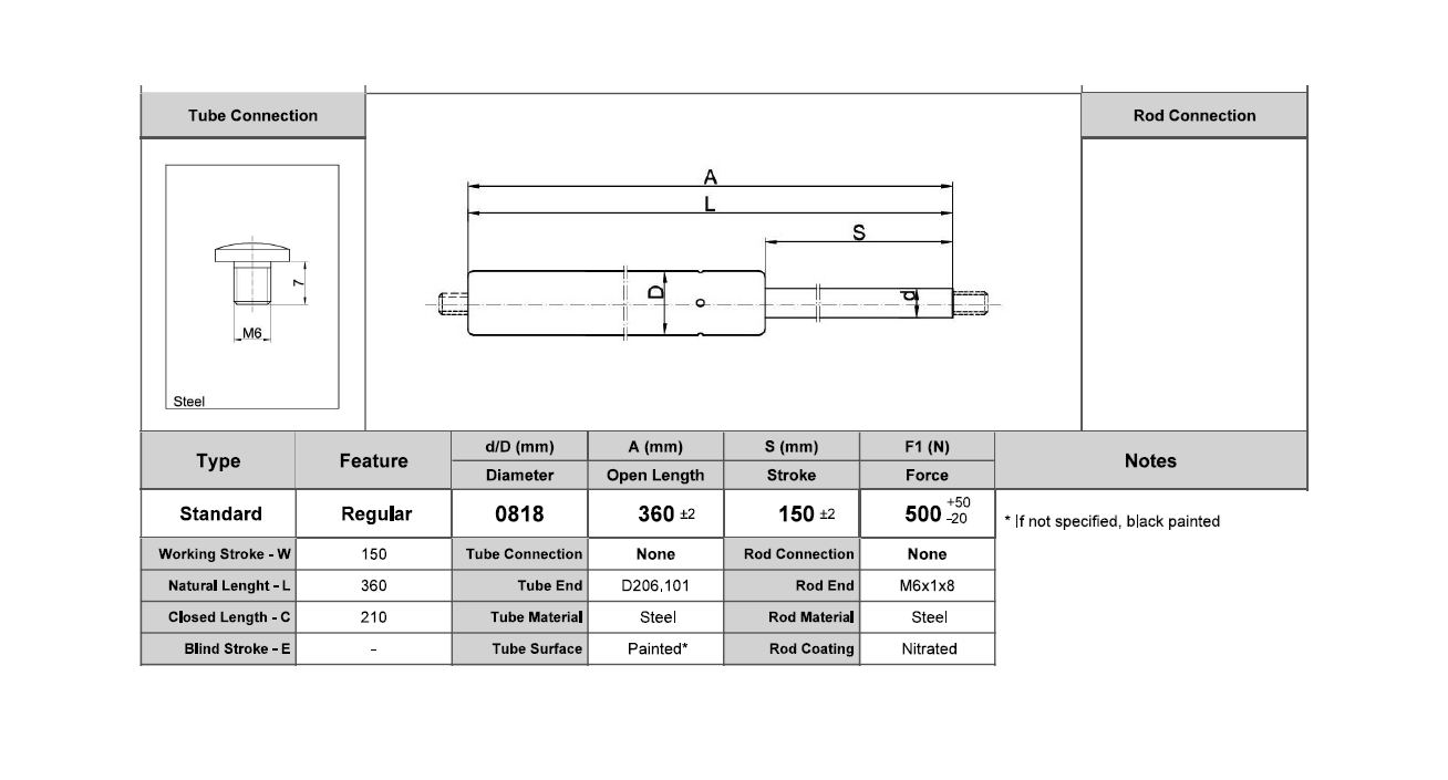Gasfjeder, stål, M6 gevind, slaglængde = 150 mm, Kraft = 500 N