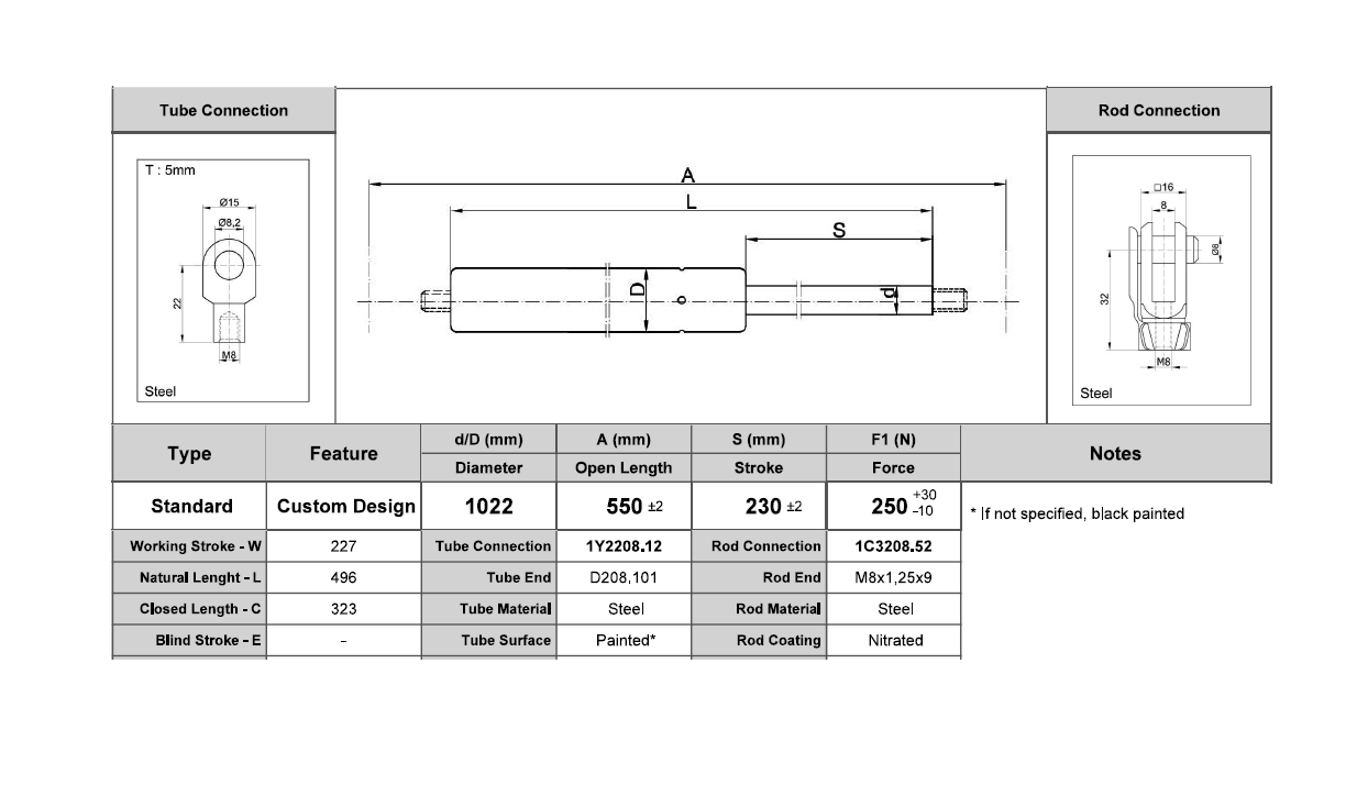 Gasfjeder, stål, M8 gevind, slaglængde = 227 mm, Kraft = 250 N