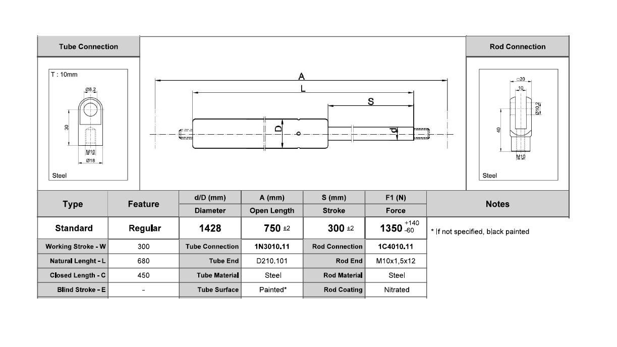 Gasfjeder, stål, M10 gevind, slaglængde = 300 mm, Kraft = 1350 N