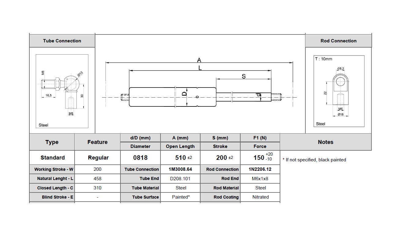 Gasfjeder, stål, M6 og M8 gevind, slaglængde = 200 mm, Kraft = 150 N