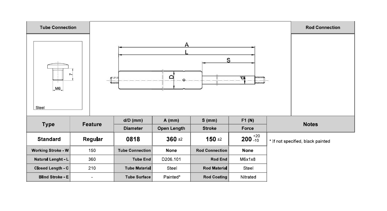 Gasfjeder, stål, M6 gevind, slaglængde = 150 mm, Kraft = 200 N