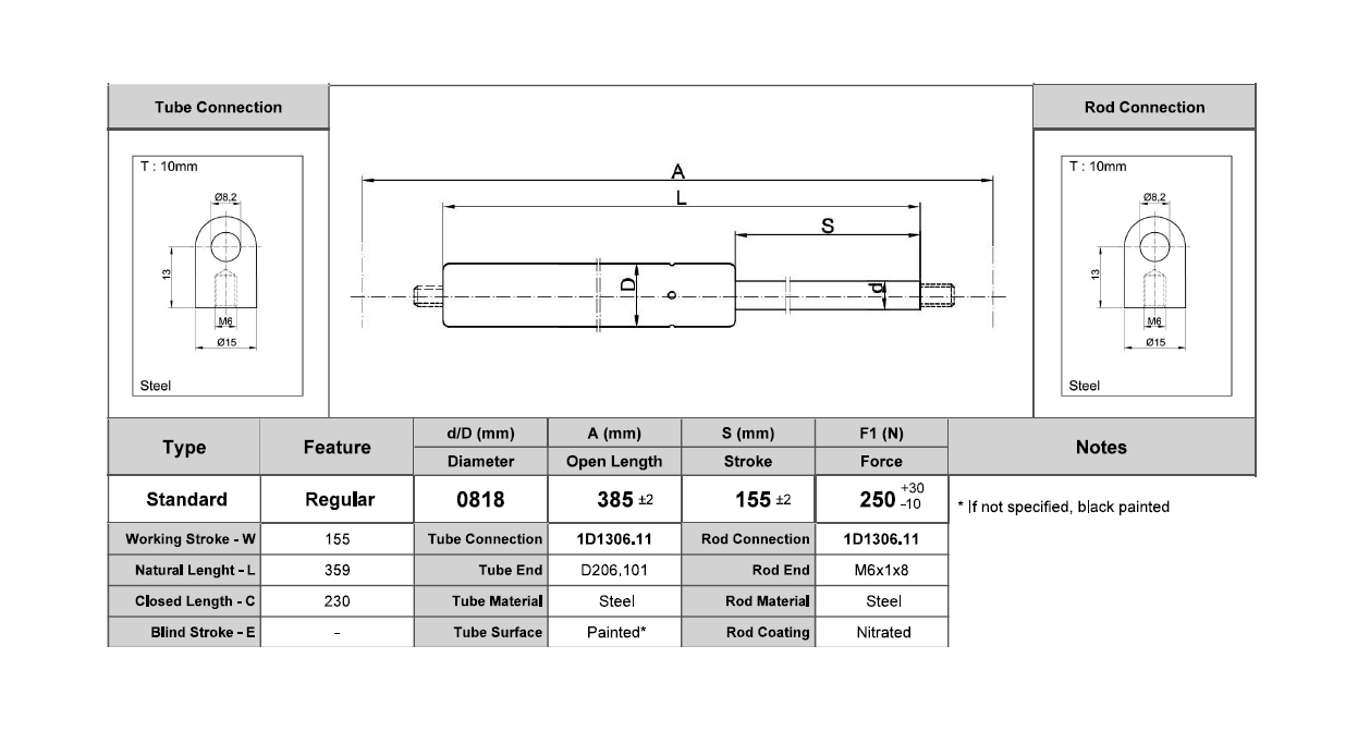 Gasfjeder, stål, M6 gevind, slaglængde = 155 mm, Kraft = 250 N