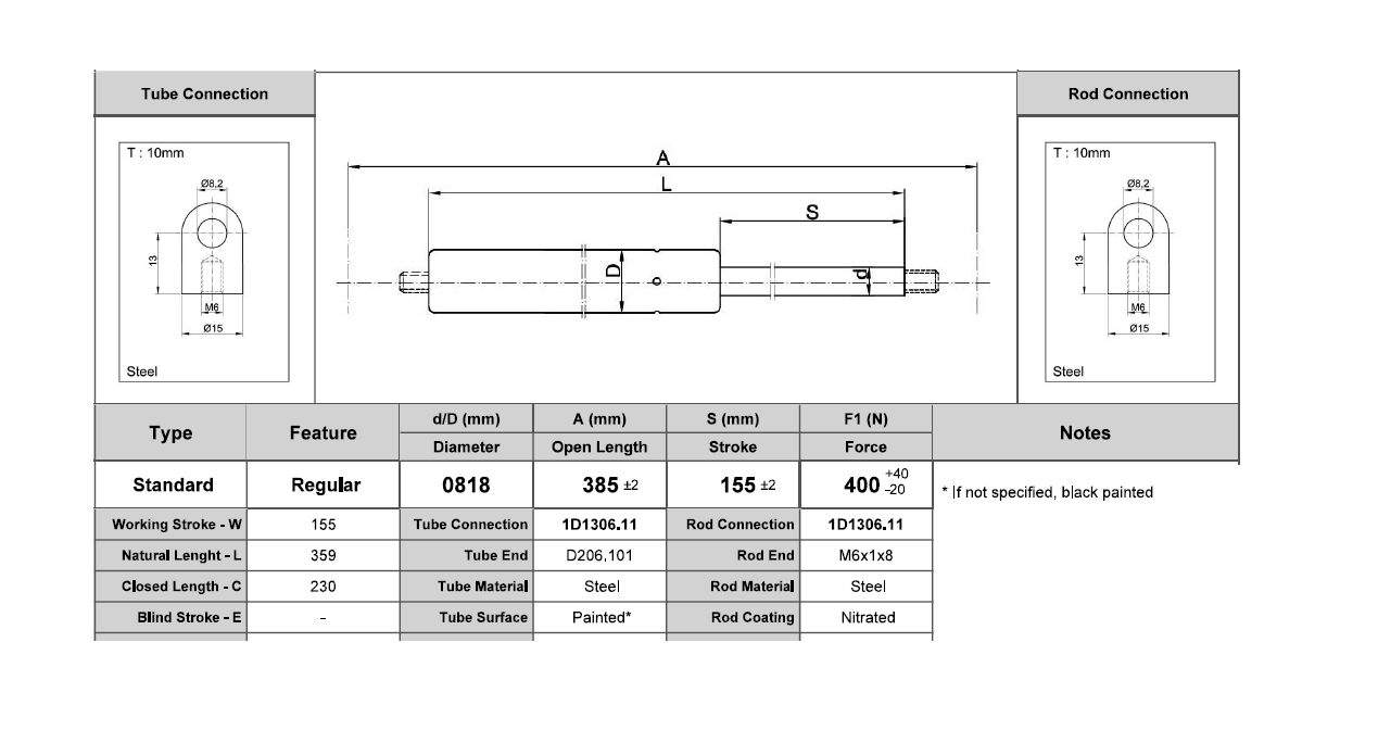 Gasfjeder, stål, M6 gevind, slaglængde = 155 mm, Kraft = 400 N