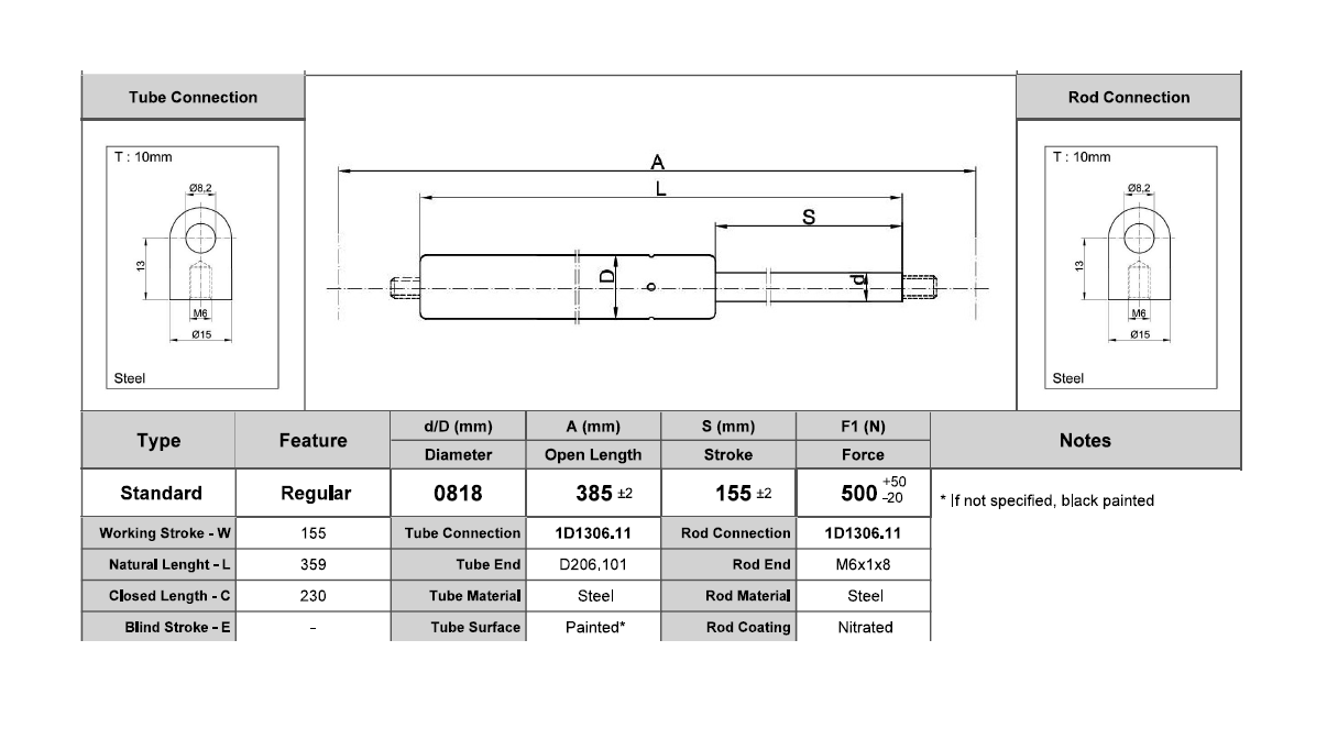 Gasfjeder, stål, M6 gevind, slaglængde = 155 mm, Kraft = 500 N