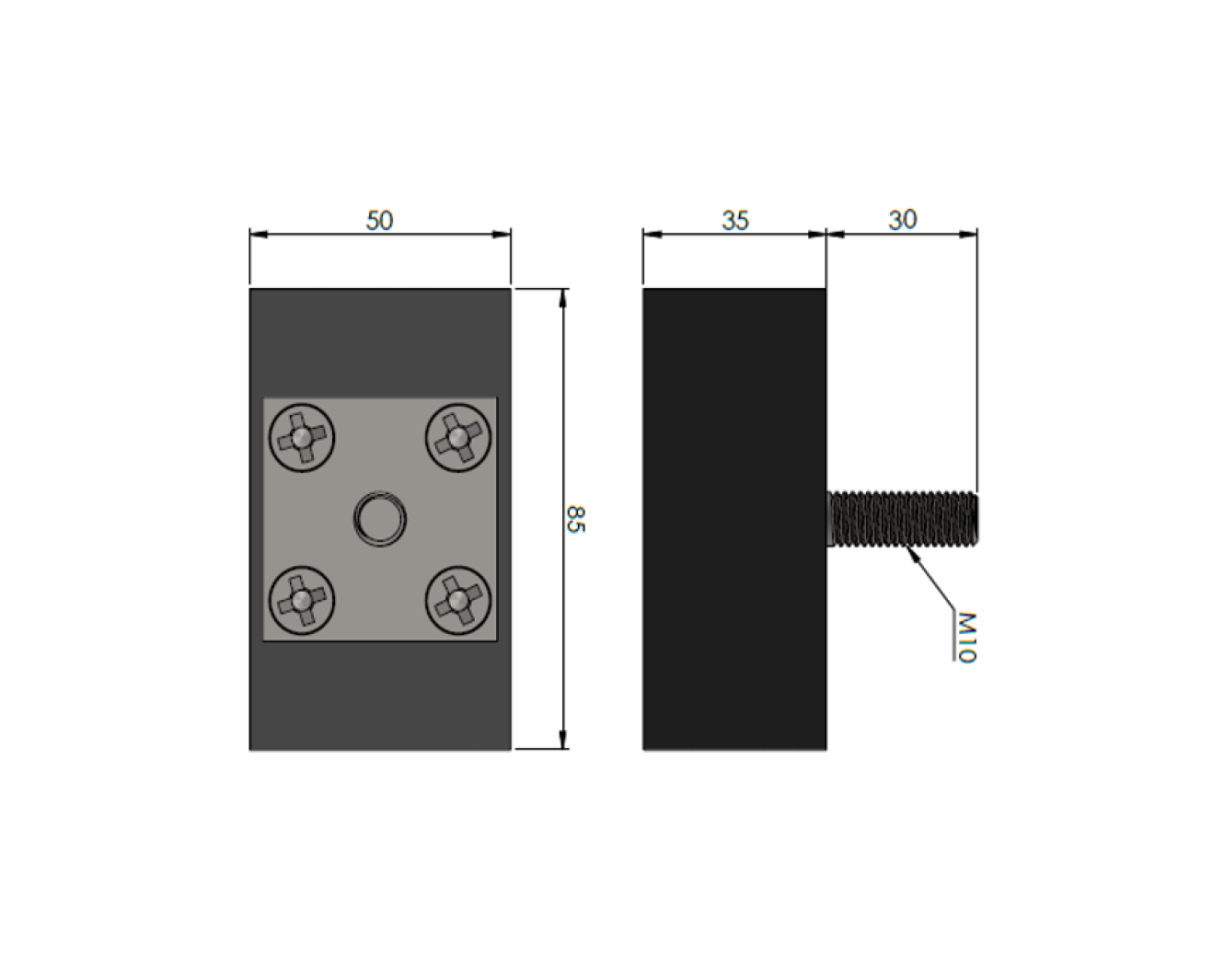 Gummi indstøbt magnet, firkantet, M10, H=35mm , F=3500N